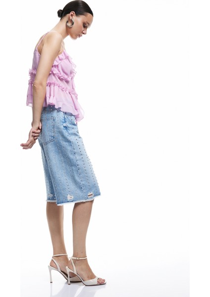 Troklu Yıpratılmış Düğmeli Cepli Bermuda Denim Şort