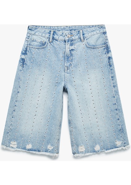 Troklu Yıpratılmış Düğmeli Cepli Bermuda Denim Şort modelleri