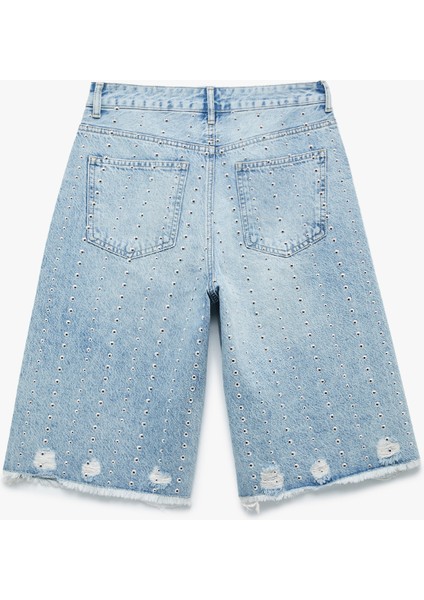 Troklu Yıpratılmış Düğmeli Cepli Bermuda Denim Şort fırsatları