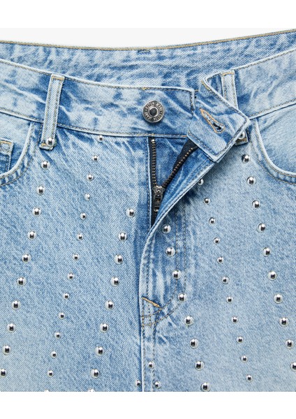 Troklu Yıpratılmış Düğmeli Cepli Bermuda Denim Şort