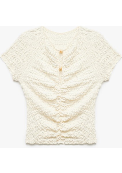 Slim Fit Kısa Kollu Boncuk Detaylı Bürümcük Kumaş Dokulu Tişört modelleri