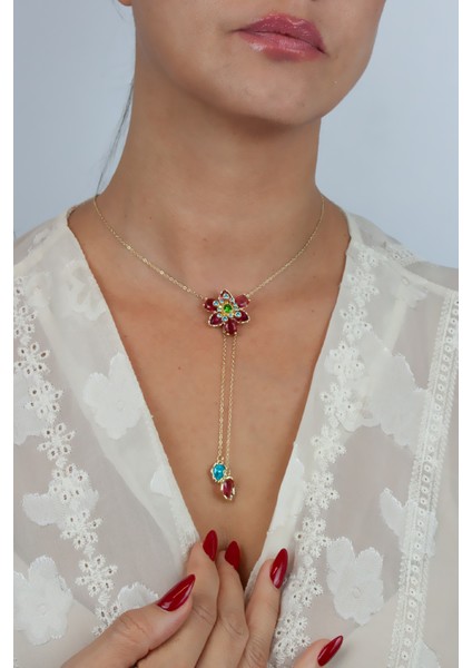 Kristal Taşlı Çiçek Figür Asansör Çelik Kolye