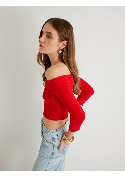 Omzu Açık Crop Tişört Dirsek Boy Kol Pamuklu Slim Fit