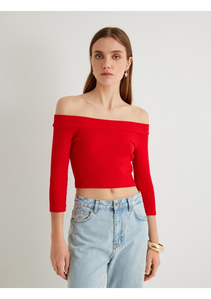 Omzu Açık Crop Tişört Dirsek Boy Kol Pamuklu Slim Fit modelleri