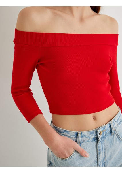 Omzu Açık Crop Tişört Dirsek Boy Kol Pamuklu Slim Fit indirimleri