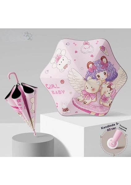 Çocuk Şemsiyesi Yuvarlak Silindirli Güneşli ve Yağmurlu Günler Için Düz Direkli Şemsiye (Yurt Dışından)