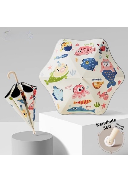 Çocuk Şemsiyesi Yuvarlak Silindirli Güneşli ve Yağmurlu Günler Için Düz Direkli Şemsiye (Yurt Dışından)