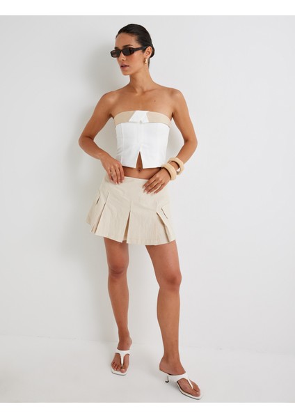 Pileli Mini Etek Kargo Cep Detaylı Poplin Kumaş