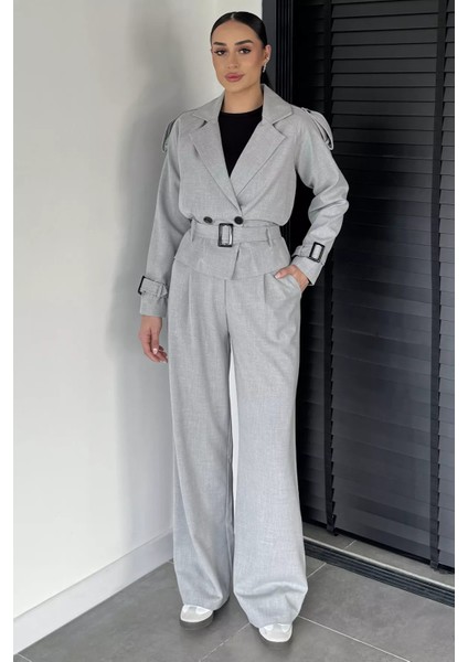 Kadın Iç Astarlı Kemer Detaylı Blazer Ceket Pantolon Ikili Takım P-00019233