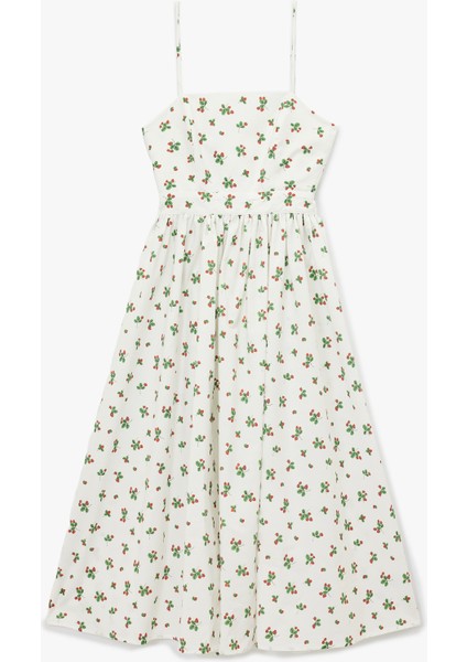 Pamuklu A Kesim Çilek Baskılı Çiçekli Uzun Askılı Poplin Elbise fırsatları