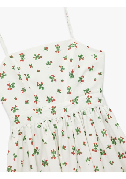 Pamuklu A Kesim Çilek Baskılı Çiçekli Uzun Askılı Poplin Elbise