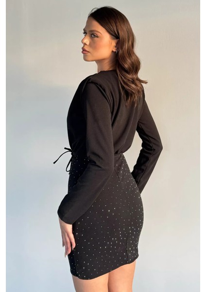 Kadın V Yaka Omuz Vatkalı Taşlı Likralı Elbise P-00019226 fırsatları