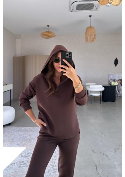 Kahverengi Scuba Kapüşonlu Sweat - Paça Pensli Pantolon Takım