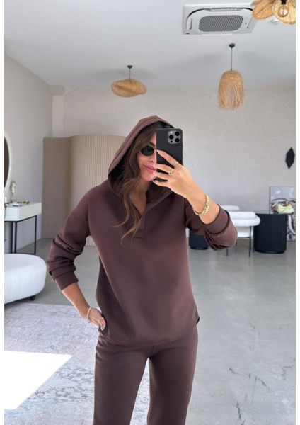 Kahverengi Scuba Kapüşonlu Sweat - Paça Pensli Pantolon Takım fiyatları