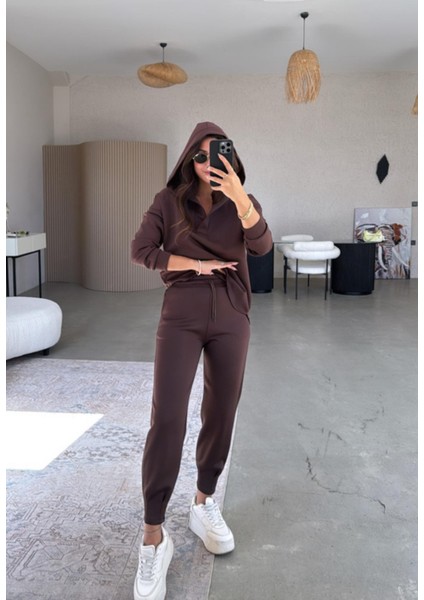 Kahverengi Scuba Kapüşonlu Sweat - Paça Pensli Pantolon Takım modelleri