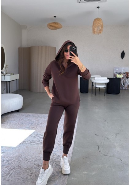 Kahverengi Scuba Kapüşonlu Sweat - Paça Pensli Pantolon Takım fırsatları
