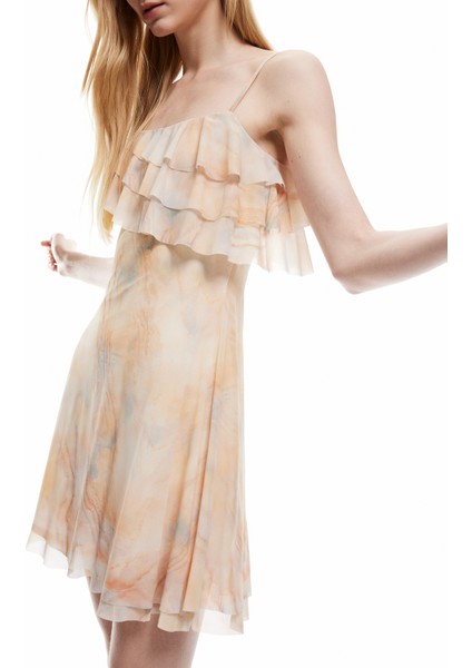 Batik Desenli Ince Askılı Fırfırlı Şifon Mini Elbise