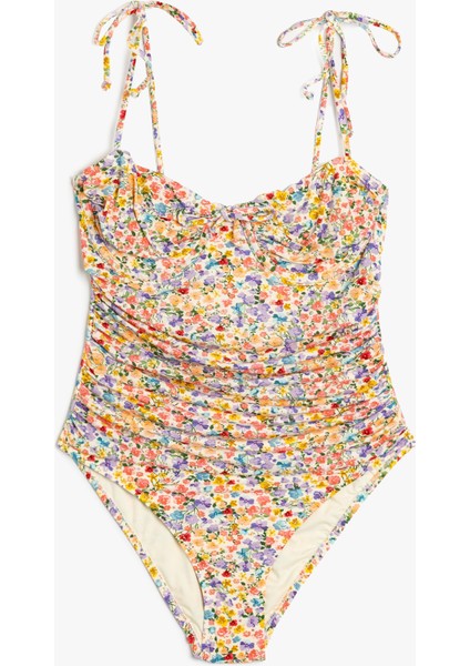 Çiçekli Mayo Balenli Drape Detaylı Ince Askılı Kalp Yaka