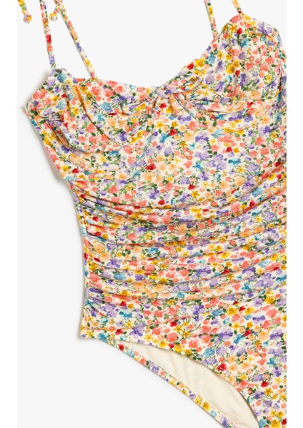 Çiçekli Mayo Balenli Drape Detaylı Ince Askılı Kalp Yaka modelleri