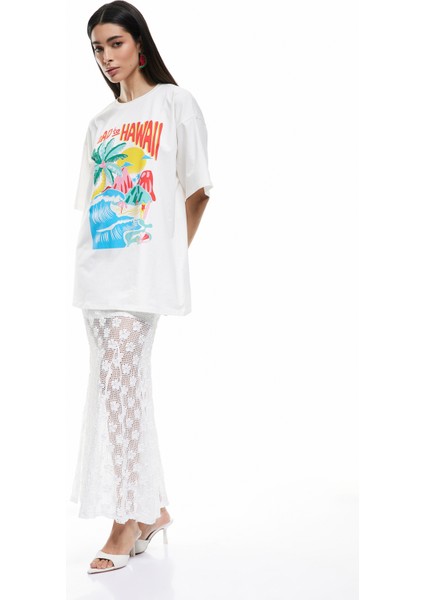 Pamuklu Kısa Kollu Bisiklet Yaka Yaz Temalı Baskılı Oversize Tişört