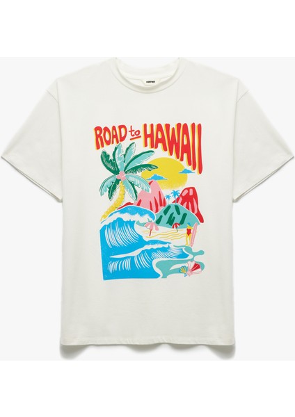 Pamuklu Kısa Kollu Bisiklet Yaka Yaz Temalı Baskılı Oversize Tişört modelleri