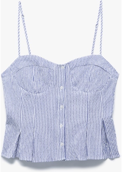 Kalp Yaka Düğmeli Kolsuz Çizgili Crop Bluz modelleri