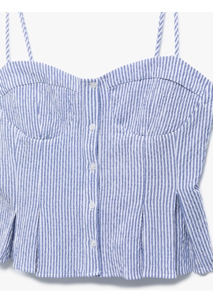 Kalp Yaka Düğmeli Kolsuz Çizgili Crop Bluz indirimleri