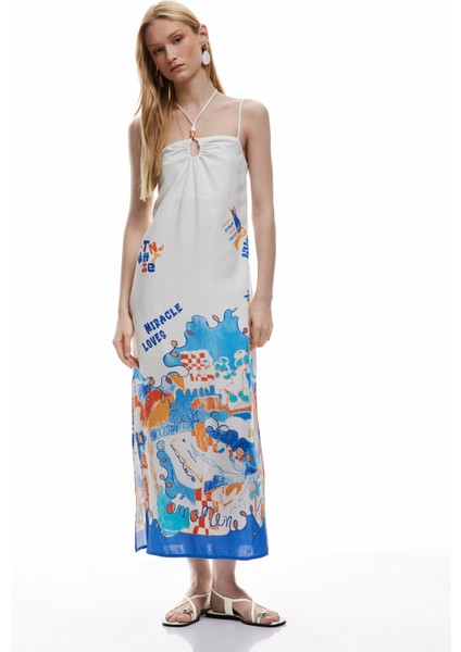 Kolsuz Boyundan Bağlama Detaylı Yırtmaçlı Desenli Ince Askılı Midi Elbise