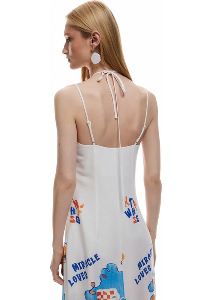 Kolsuz Boyundan Bağlama Detaylı Yırtmaçlı Desenli Ince Askılı Midi Elbise fiyatları