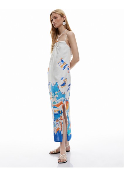 Kolsuz Boyundan Bağlama Detaylı Yırtmaçlı Desenli Ince Askılı Midi Elbise modelleri