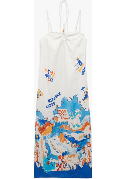 Kolsuz Boyundan Bağlama Detaylı Yırtmaçlı Desenli Ince Askılı Midi Elbise fırsatları