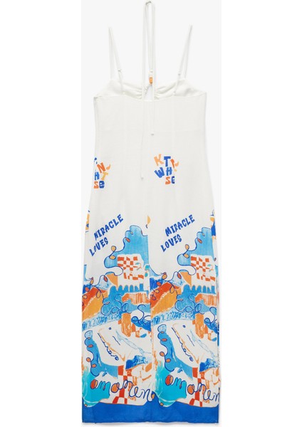 Kolsuz Boyundan Bağlama Detaylı Yırtmaçlı Desenli Ince Askılı Midi Elbise indirimleri