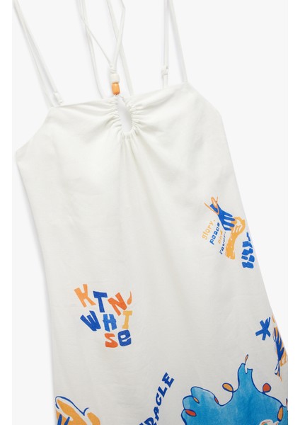 Kolsuz Boyundan Bağlama Detaylı Yırtmaçlı Desenli Ince Askılı Midi Elbise