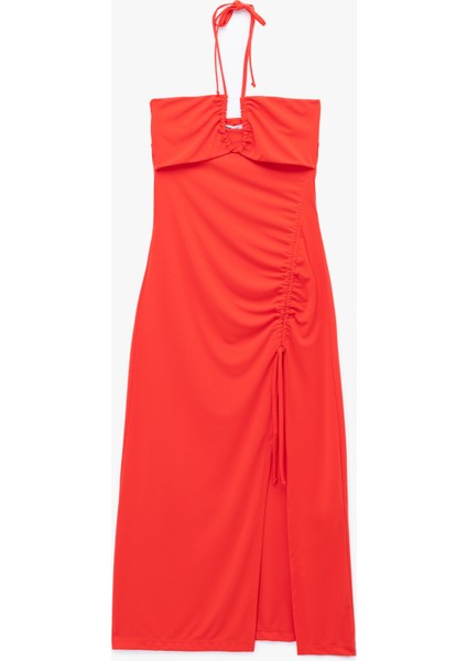 Boyundan Bağlama Detaylı Drapeli Yırtmaçlı Straplez Midi Elbise fırsatları