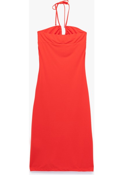 Boyundan Bağlama Detaylı Drapeli Yırtmaçlı Straplez Midi Elbise indirimleri