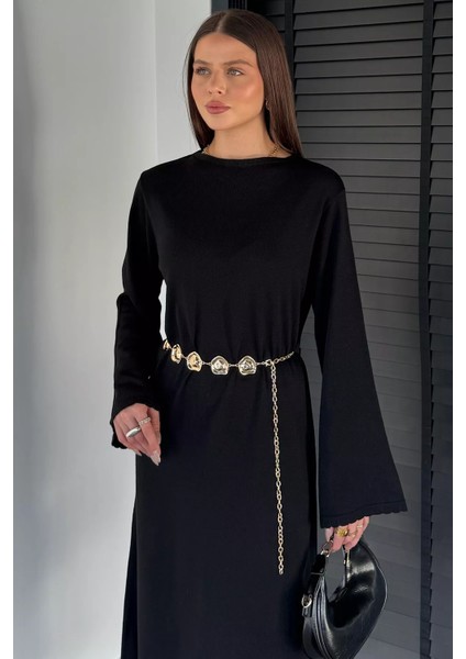 Bisiklet Yaka Metal Kemerli Triko Elbise P-00019221