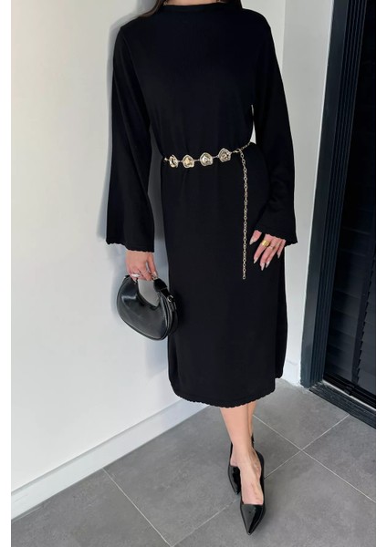 Bisiklet Yaka Metal Kemerli Triko Elbise P-00019221 modelleri