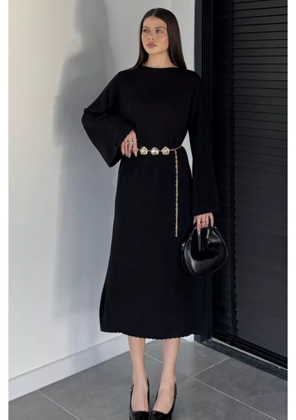 Bisiklet Yaka Metal Kemerli Triko Elbise P-00019221 fırsatları