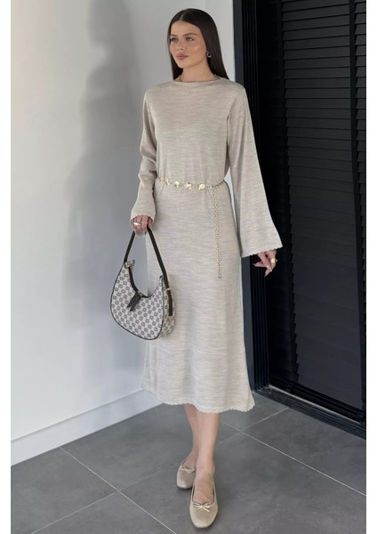 Bisiklet Yaka Metal Kemerli Triko Elbise P-00019221
