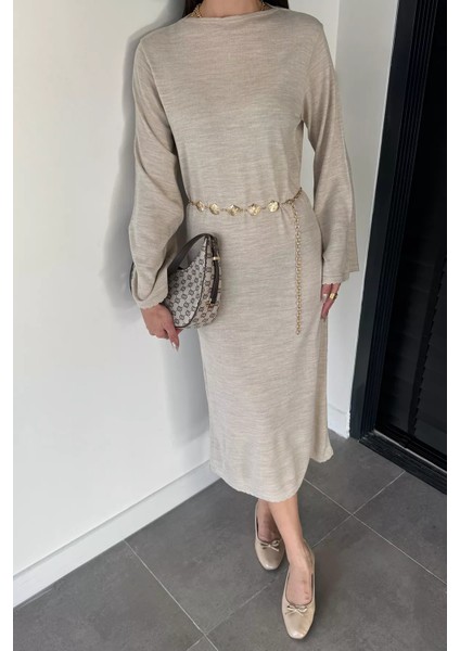 Bisiklet Yaka Metal Kemerli Triko Elbise P-00019221 fiyatları