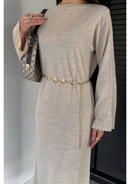 Bisiklet Yaka Metal Kemerli Triko Elbise P-00019221 modelleri