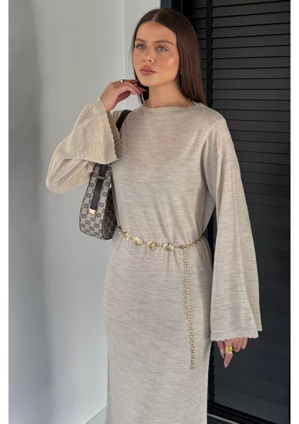 Bisiklet Yaka Metal Kemerli Triko Elbise P-00019221 fırsatları