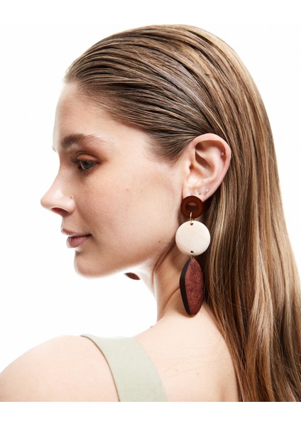 Büyük Boy Sallantılı Ahşap Geometrik Küpe