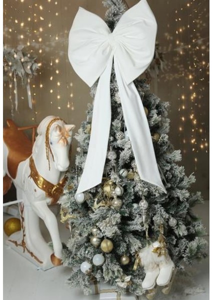 Kurdele Yıllbaşı Ağaç Süs Noel Dev Beyaz Fiyonk 55X150 cm Büyük