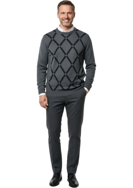 Erkek Kışlık Kazak Rahat Kesim Bisiklet Yaka Cepsiz Baklava Desenli Şık Retro Model