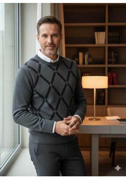 Erkek Kışlık Kazak Rahat Kesim Bisiklet Yaka Cepsiz Baklava Desenli Şık Retro Model fırsatları