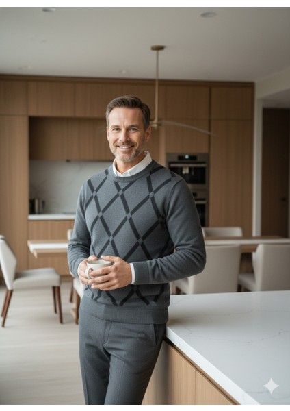 Erkek Kışlık Kazak Rahat Kesim Bisiklet Yaka Cepsiz Baklava Desenli Şık Retro Model indirimleri