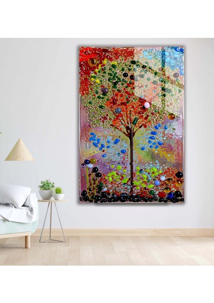 Renkli Soyut Ağaç Desenli Cam Tablo, Ev Dekoru, Salon Tablosu