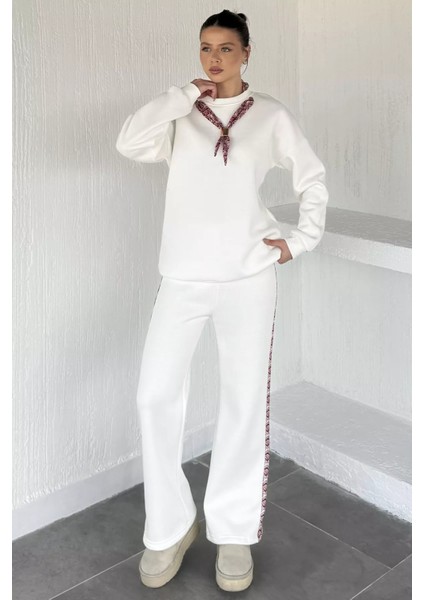 Kadın Fular Aksesuarlı Bisiklet Yaka Şardonlu Sweat Bel Lastikli Pantolon Ikili Takım P-00019143