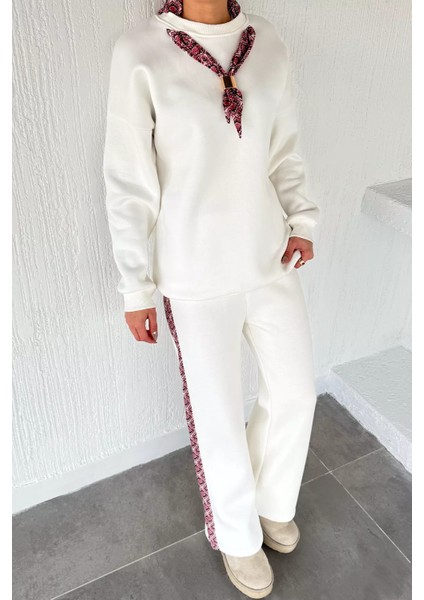 Kadın Fular Aksesuarlı Bisiklet Yaka Şardonlu Sweat Bel Lastikli Pantolon Ikili Takım P-00019143 modelleri